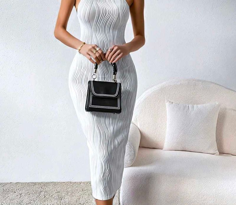 Elegant White Textured Midi Dress