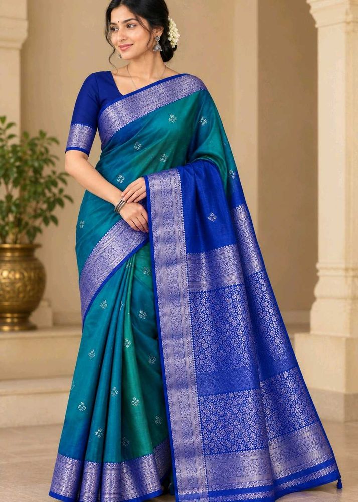 Elegant Teal Saree with Silver Zari Border