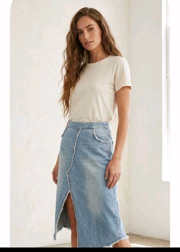 Denim Midi Skirt with Slit