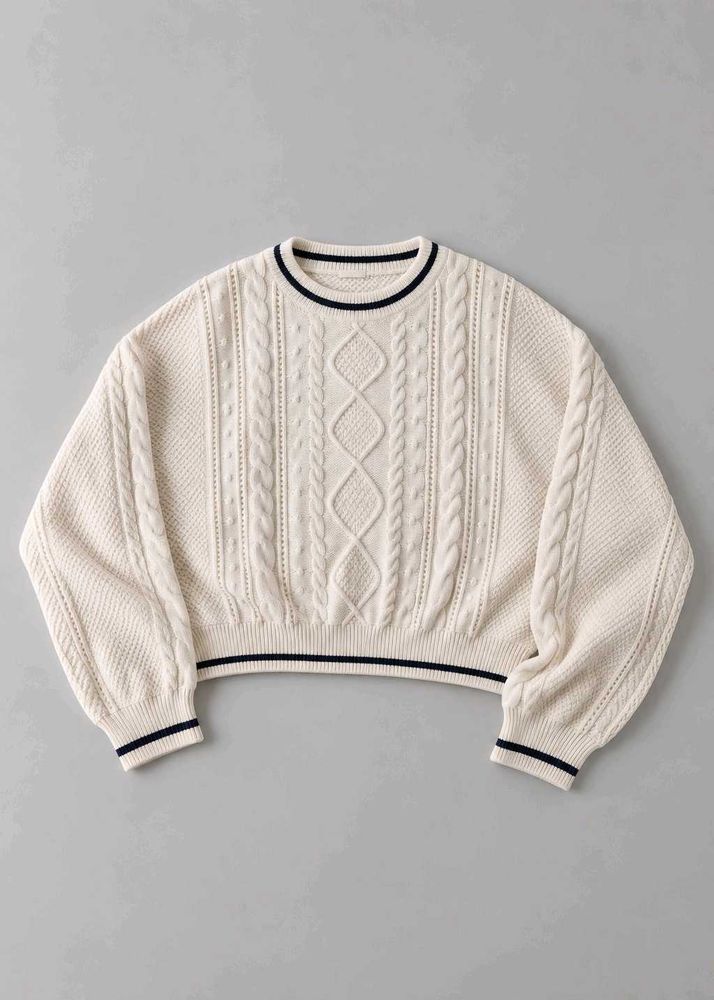 IVORY CABLE-KNIT STRIPED TRIM SWEATER