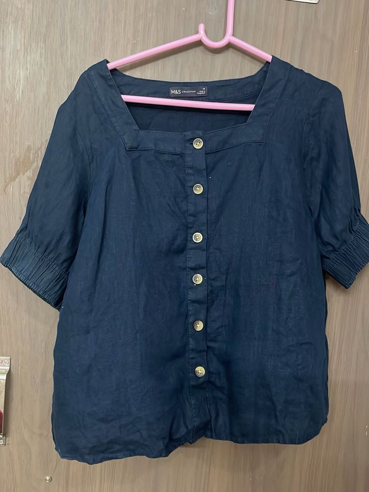 Dark Blue Square Neck Button-Up Top