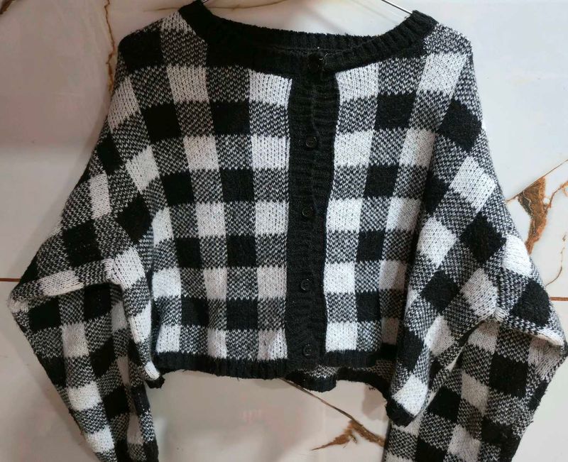 Checked Cropped Cardigan