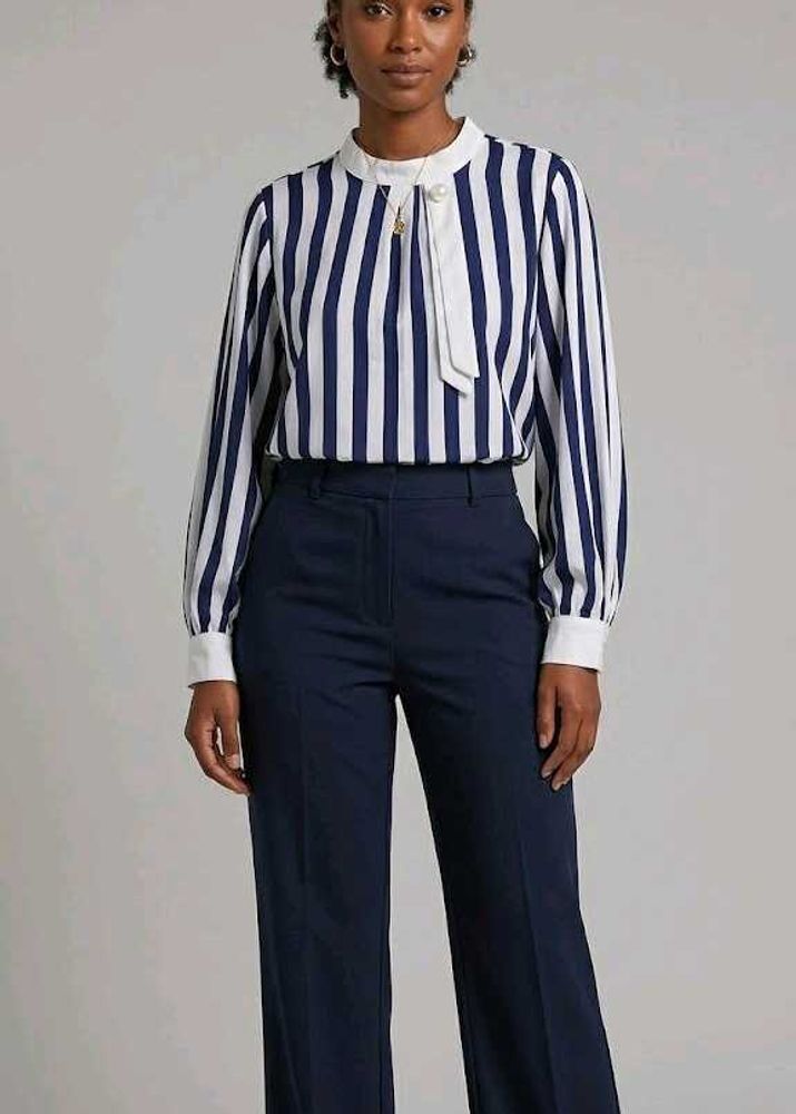 Chic Striped Neck Tie Blouse