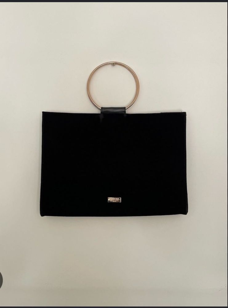 Chic Black Velvet Clutch with Gold Ring Handle