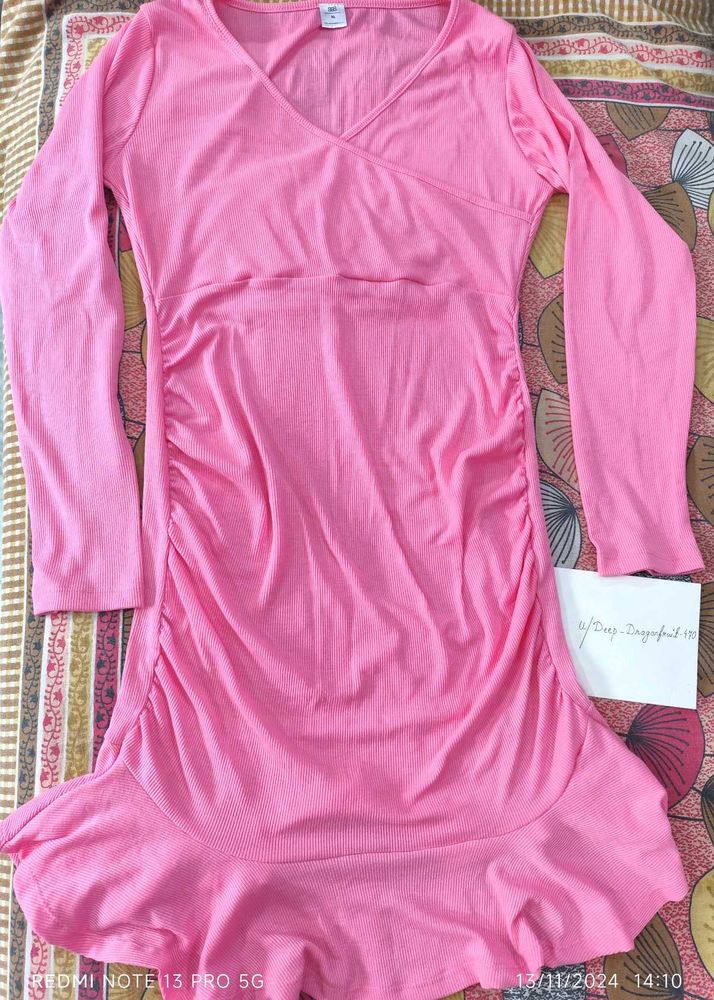 Ribbed Long-Sleeve V-Neck Knit Mini Mermaid Dress