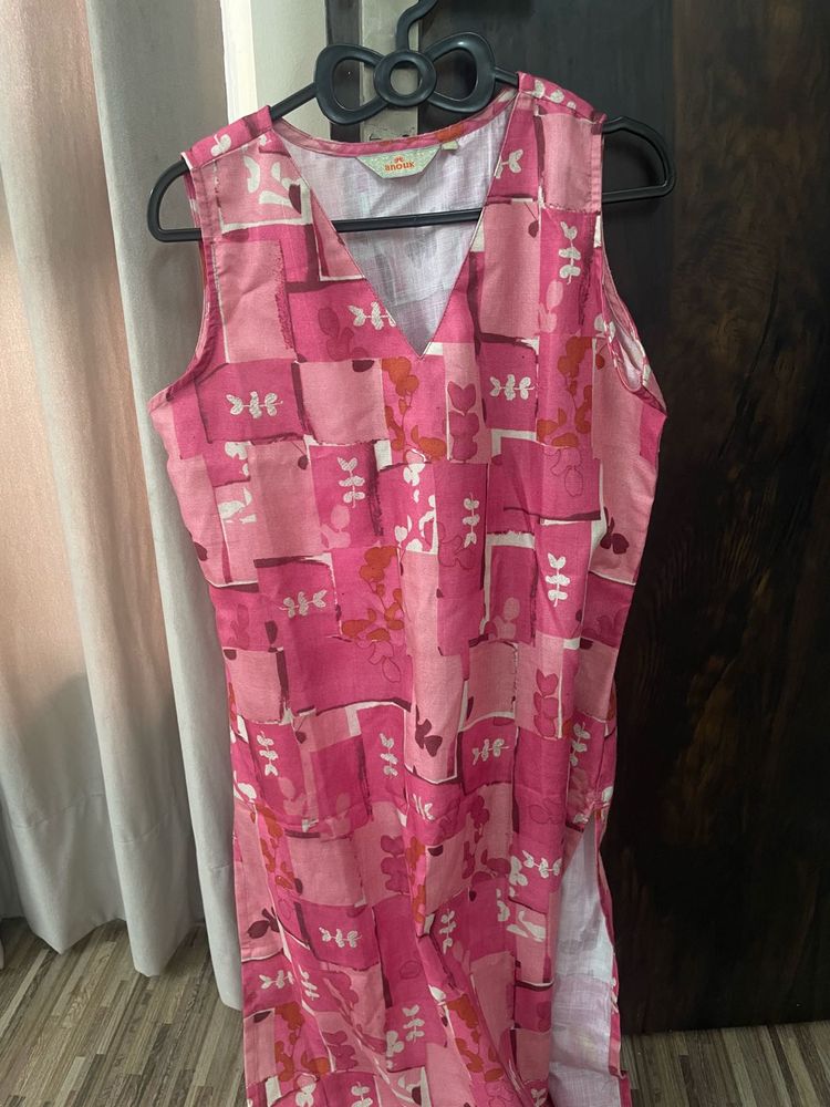 Pink Block Print Sleeveless Kurta