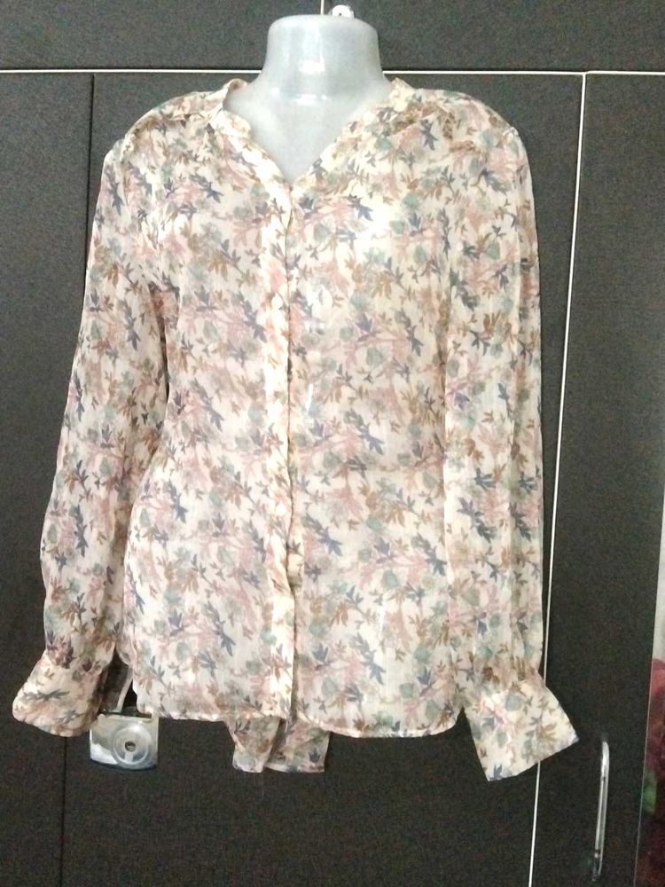 Sheer Floral Print Button-Up Blouse