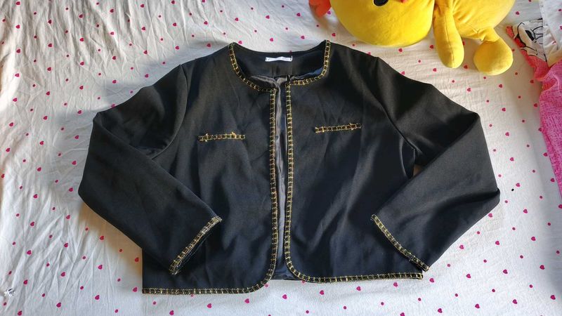 Chic Black Cropped Jacket with Gold Chain Trim