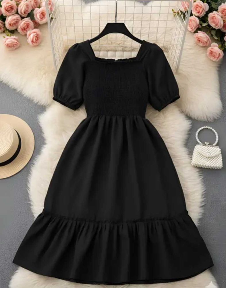 Chic Black Smocked Puff Sleeve Midi Dress