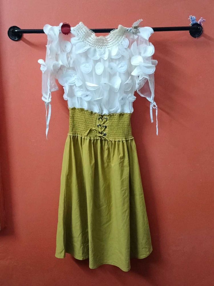 white and olive green dress