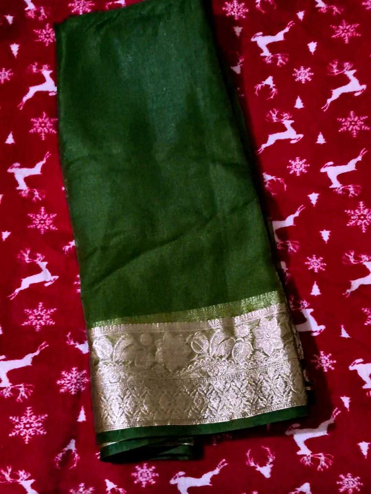 Green Silk Saree with Gold Border