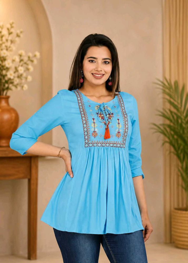 Stylish Blue Embroidered Kurti_L