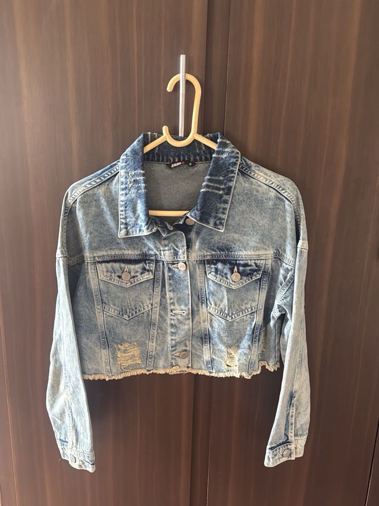 Cropped Denim Jacket with Distressed Details