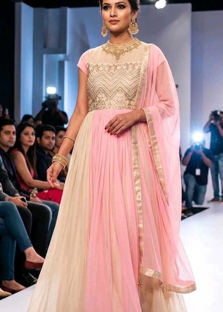 Elegant Pink &amp; Beige Gown with Gold Embellishments