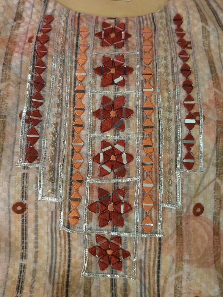 Khadi Cotton Suit With Mirror Work &amp; Tussle On Dup