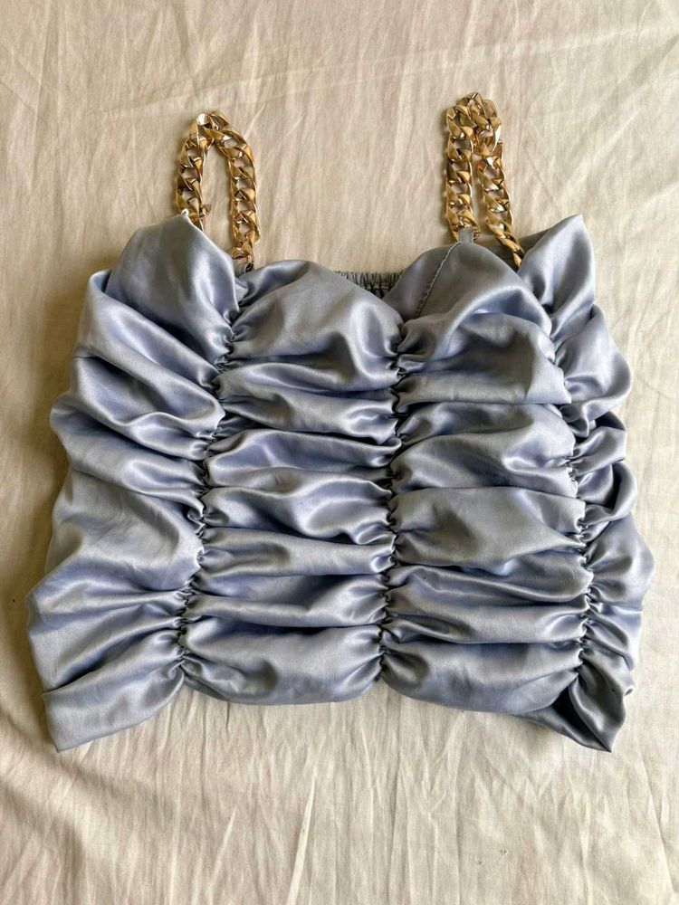 Satin Ruched Crop Top with Chain Straps