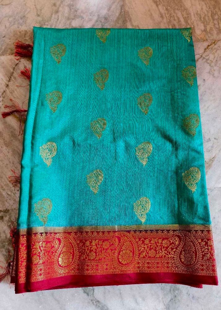 Vibrant Blue Silk Saree with Floral Border red col