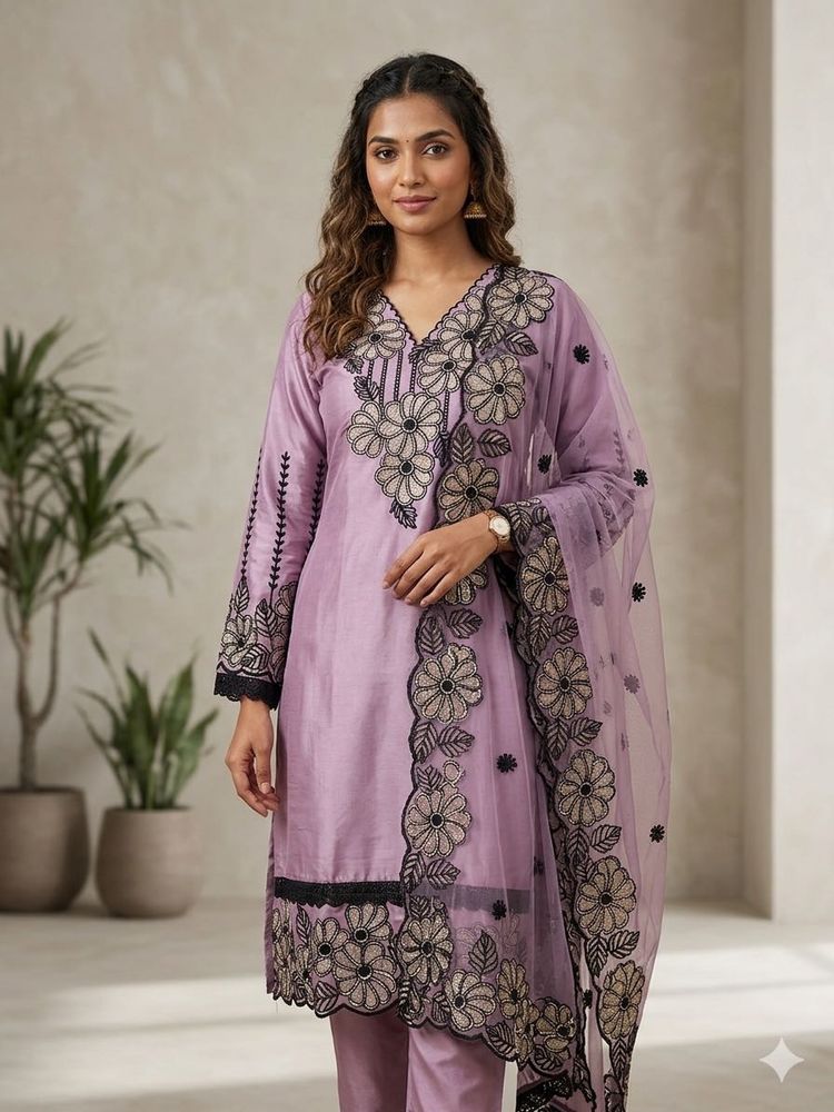 Lavender Embroidered Kurta Set
