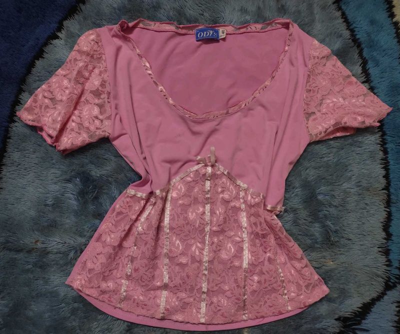 Pink Lace Trimmed Tunic Top