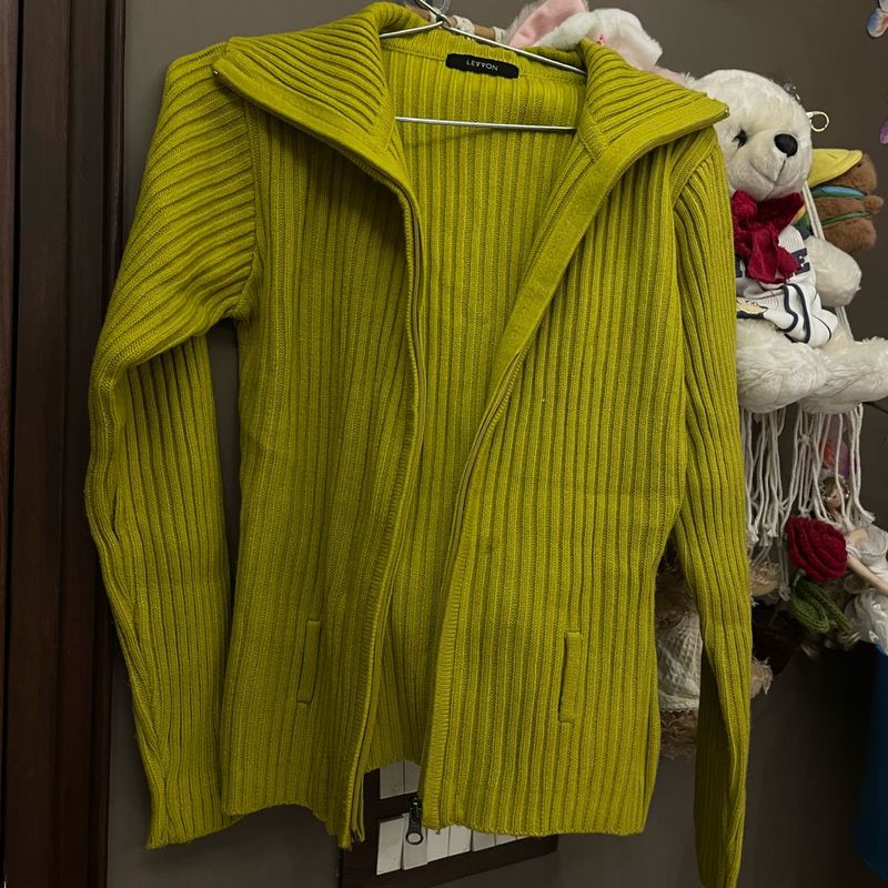 Lime Green Ribbed Zip-Up Cardigan