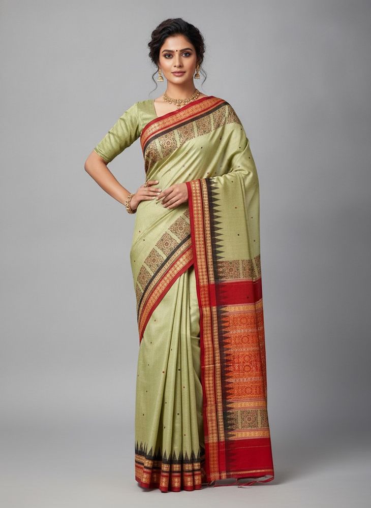 Elegant Light Green Saree with Red Border