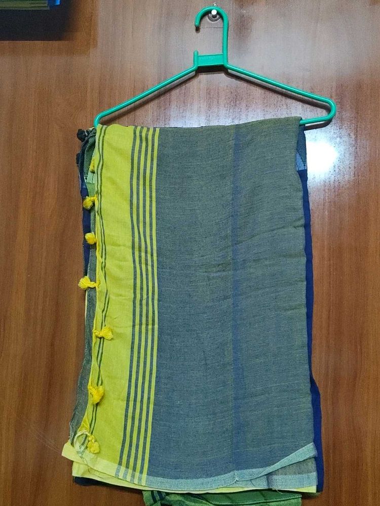 Grey and Yellow Striped Cotton Saree