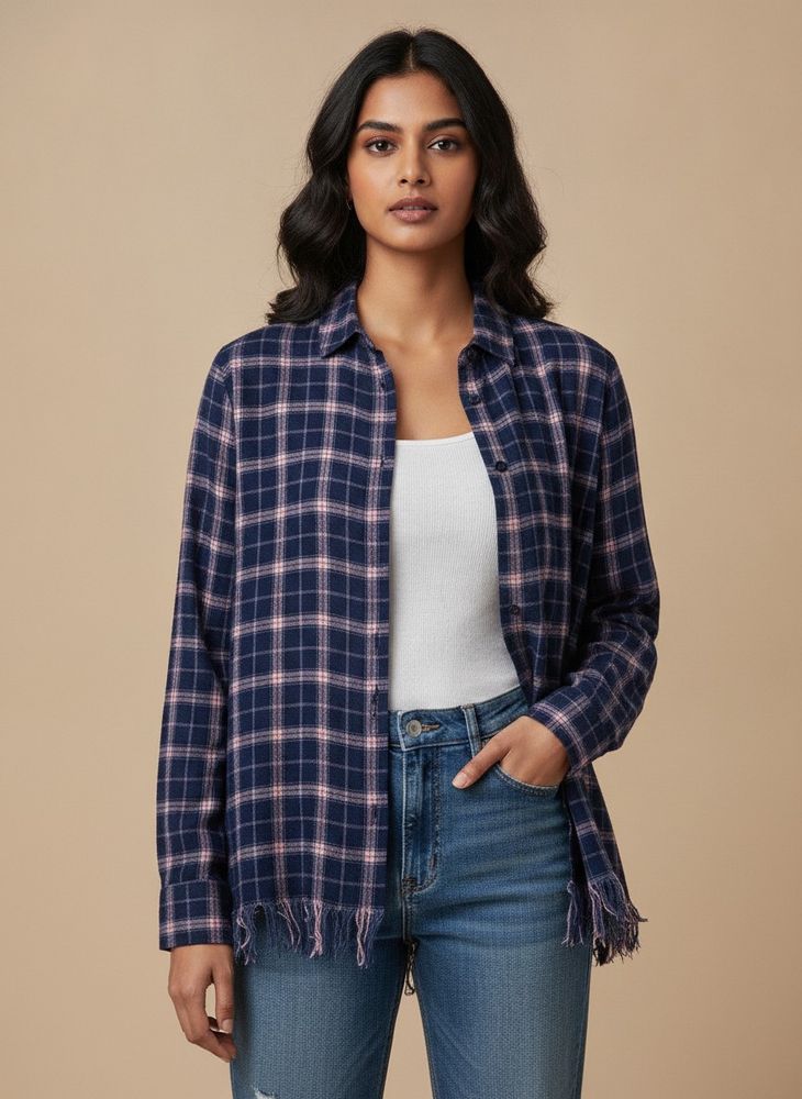 Blue Plaid Frayed Long Sleeve Shirt
