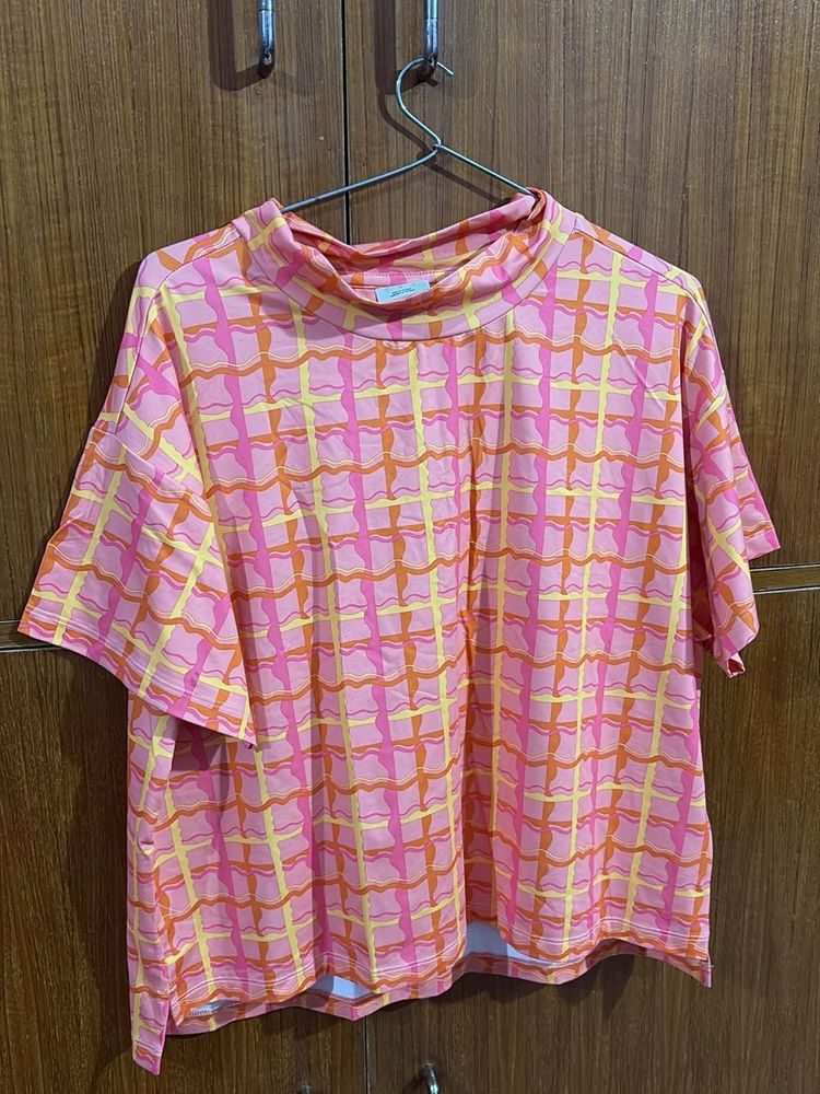 Pink &amp; Orange Checkered Mock Neck Top