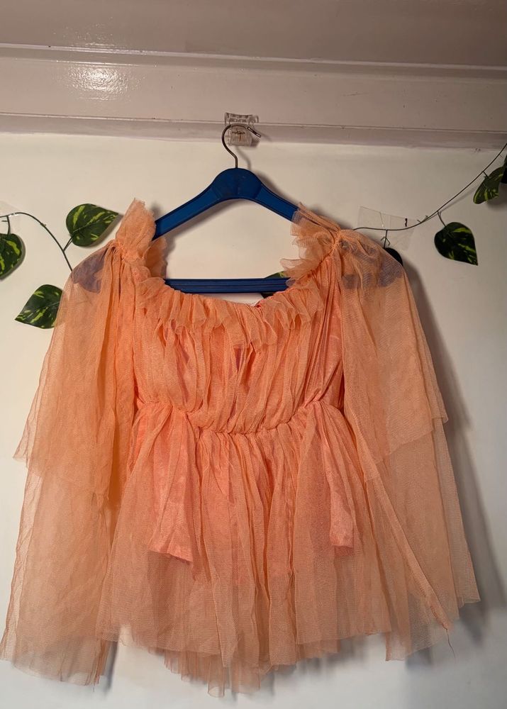 Peach Off-Shoulder Ruffled Tulle Top
