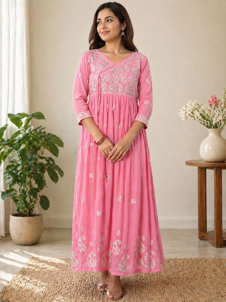Pink Embroidered Angrakha Style Kurta