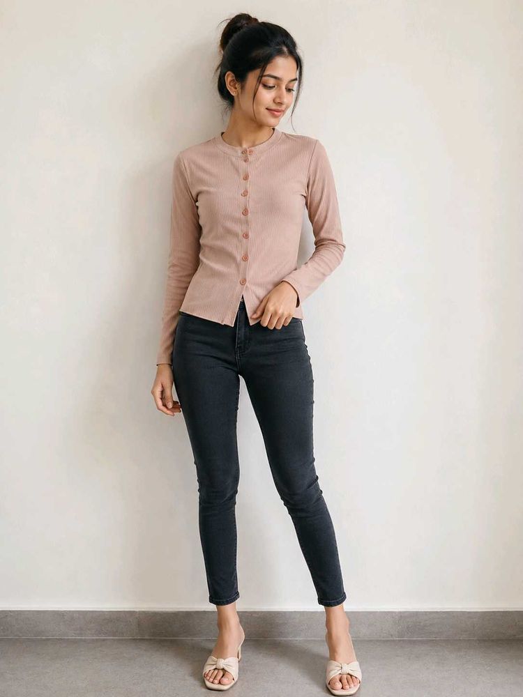 Cute Pink Ribbed Button-Up Top