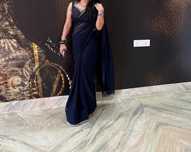 Elegant Navy Blue Georgette Saree