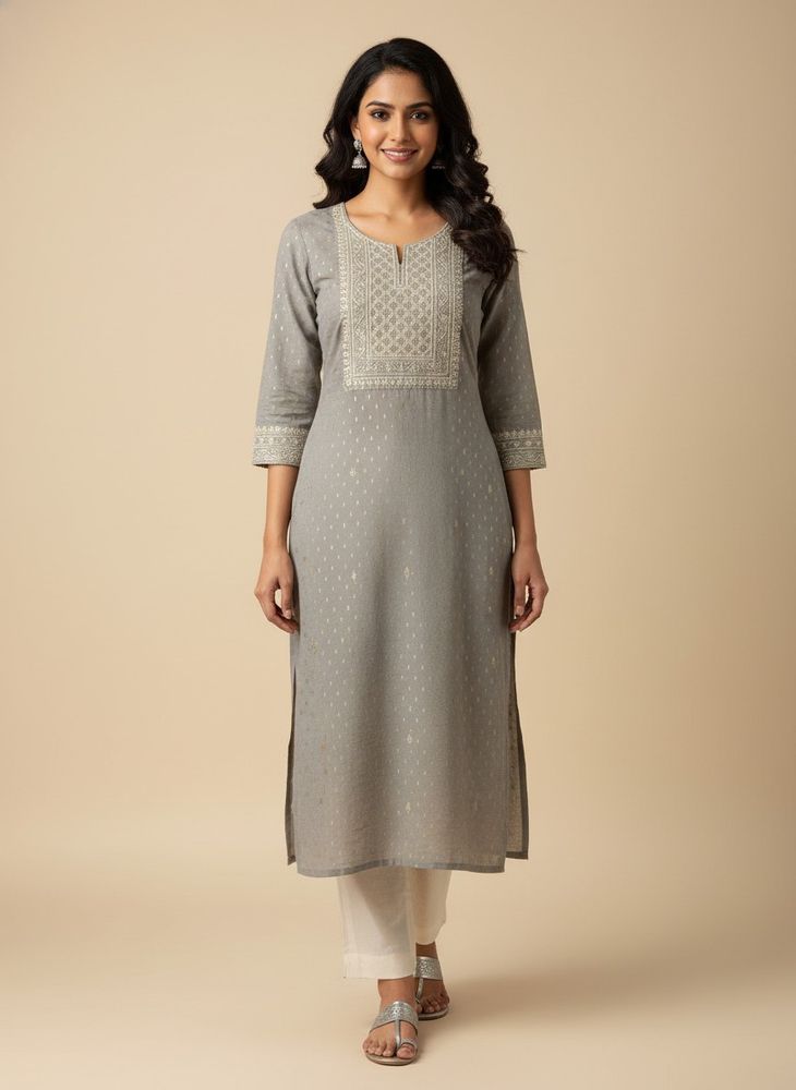 Elegant Grey Kurta with Embellished Neckline