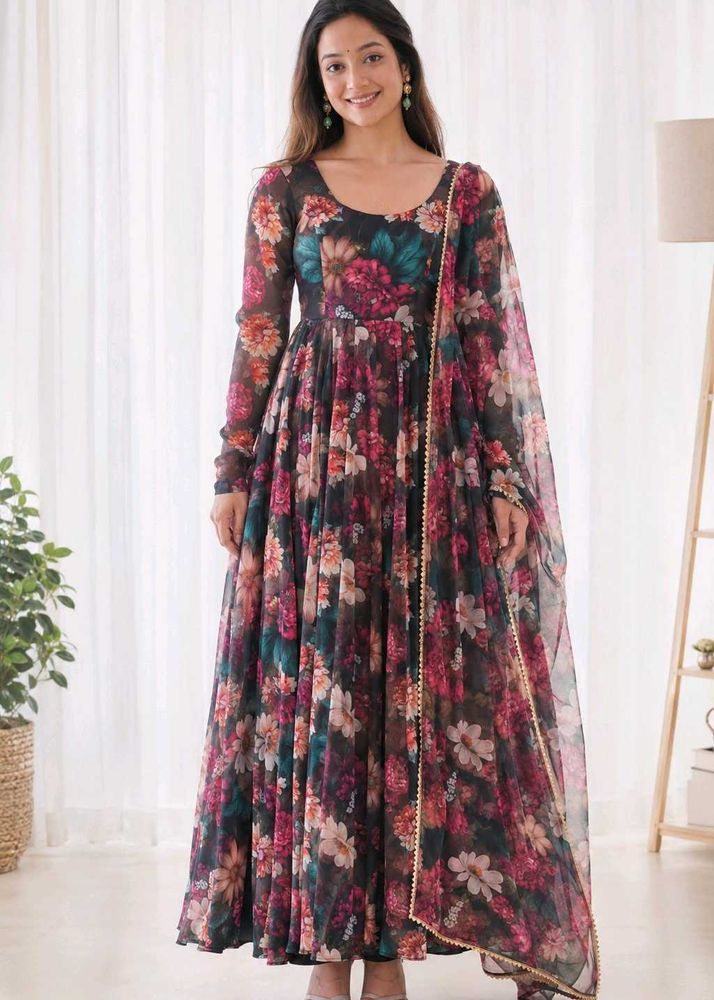 Floral Printed Organza Anarkali Kurta set