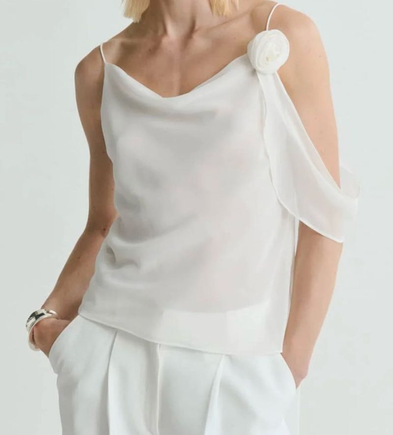 Elegant White Camisole Top with Rose Detail