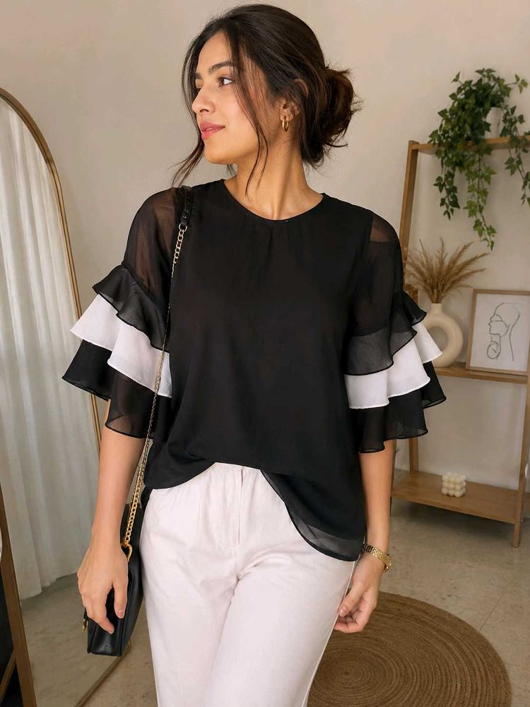 Chic Black Ruffle Sleeve Top