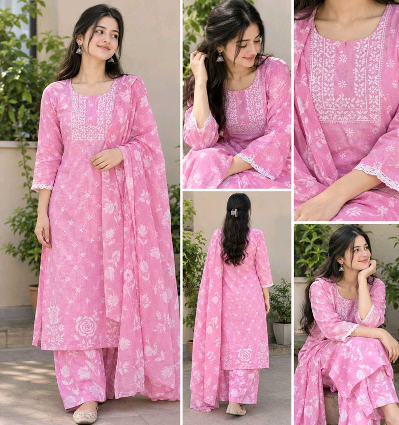 Charming Pink Floral Kurta Set with Dupatta