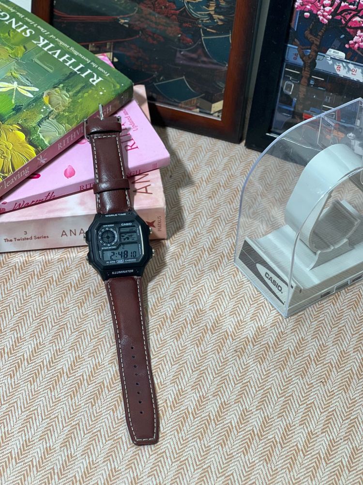 Stylish Digital Watch with Brown Leather Strap