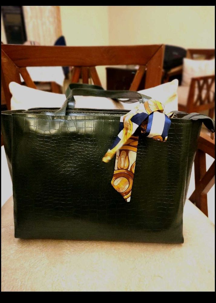 Green Hand Bag Along With Silk Scarf