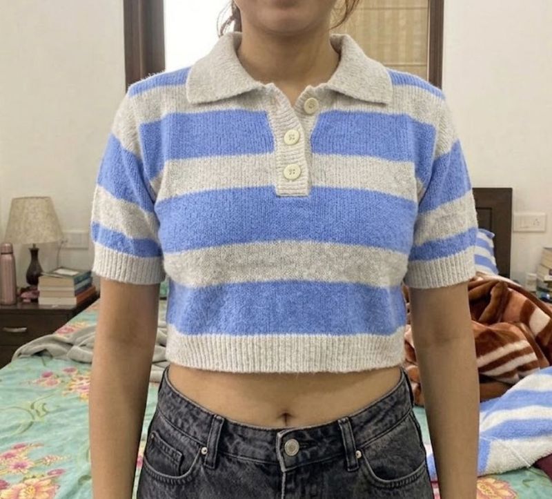 Blue &amp; Grey Striped Cropped Polo Shirt