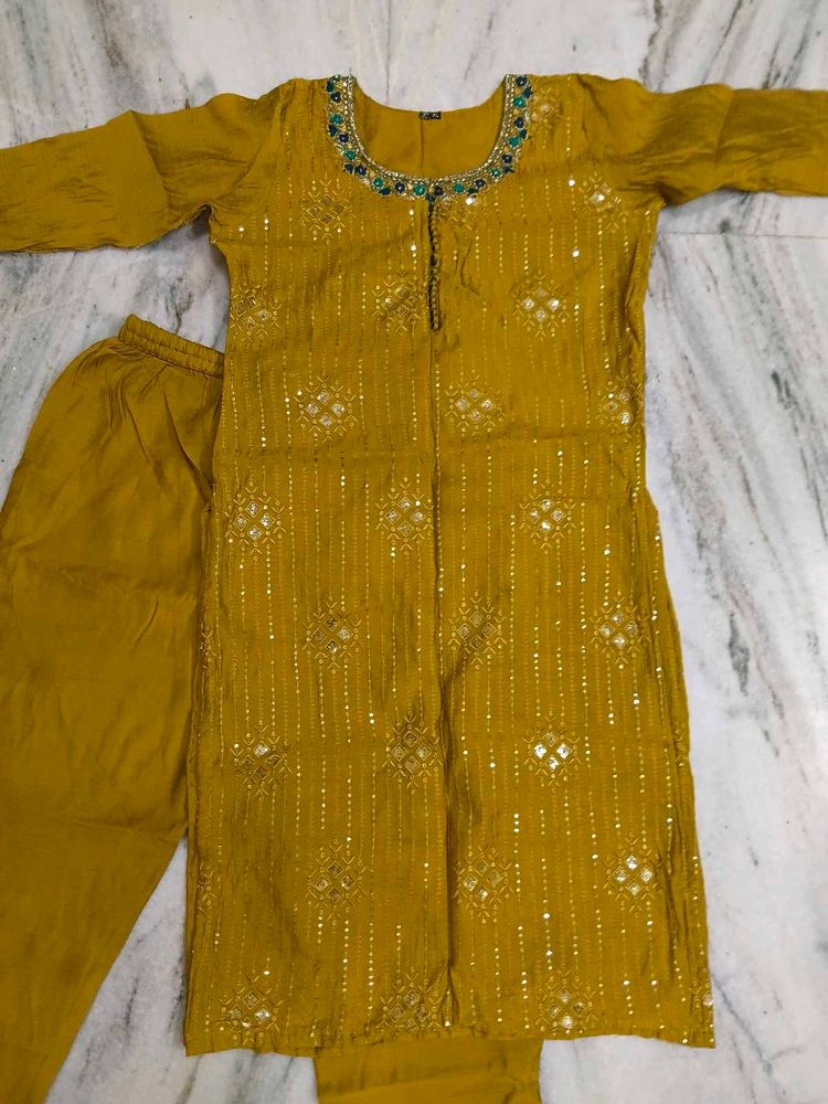 Embellished Mustard Kurta with Pants
