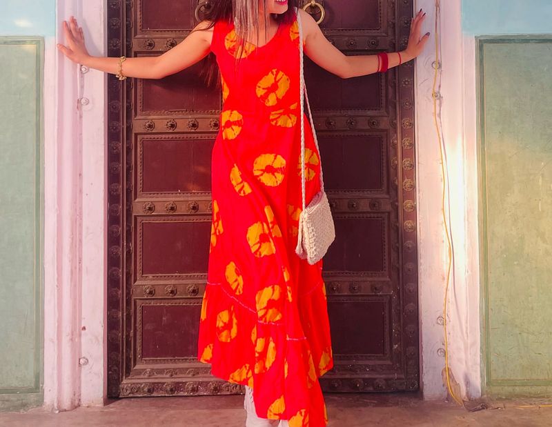Vibrant Red Ethnic Gown with Yellow Motif