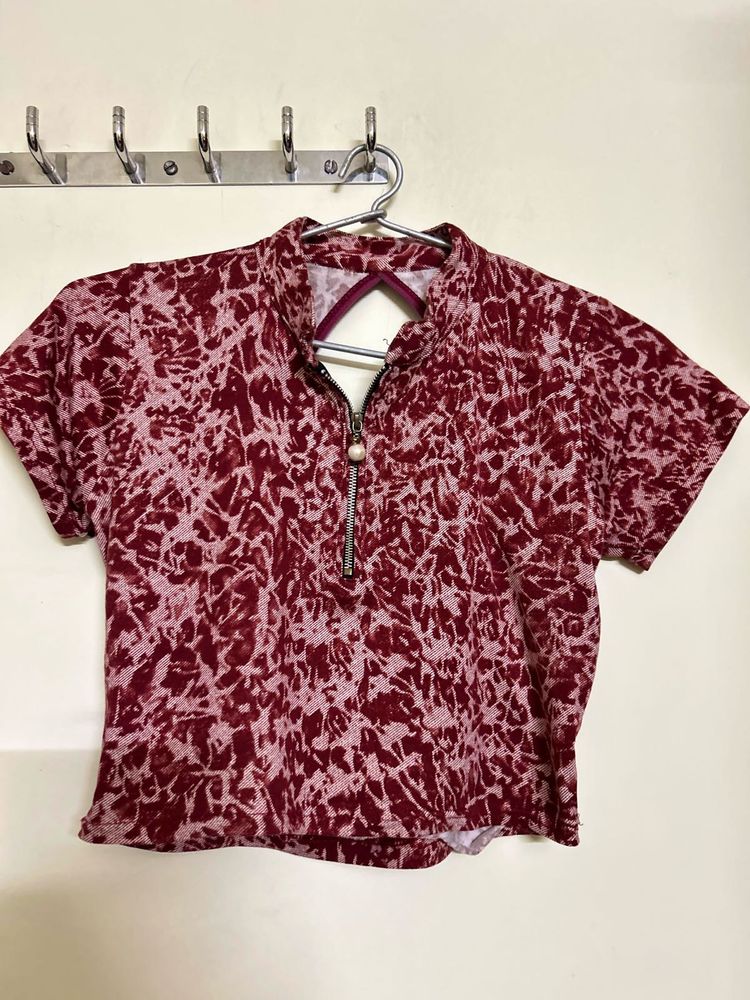 Maroon Abstract Print Zip-Up Top