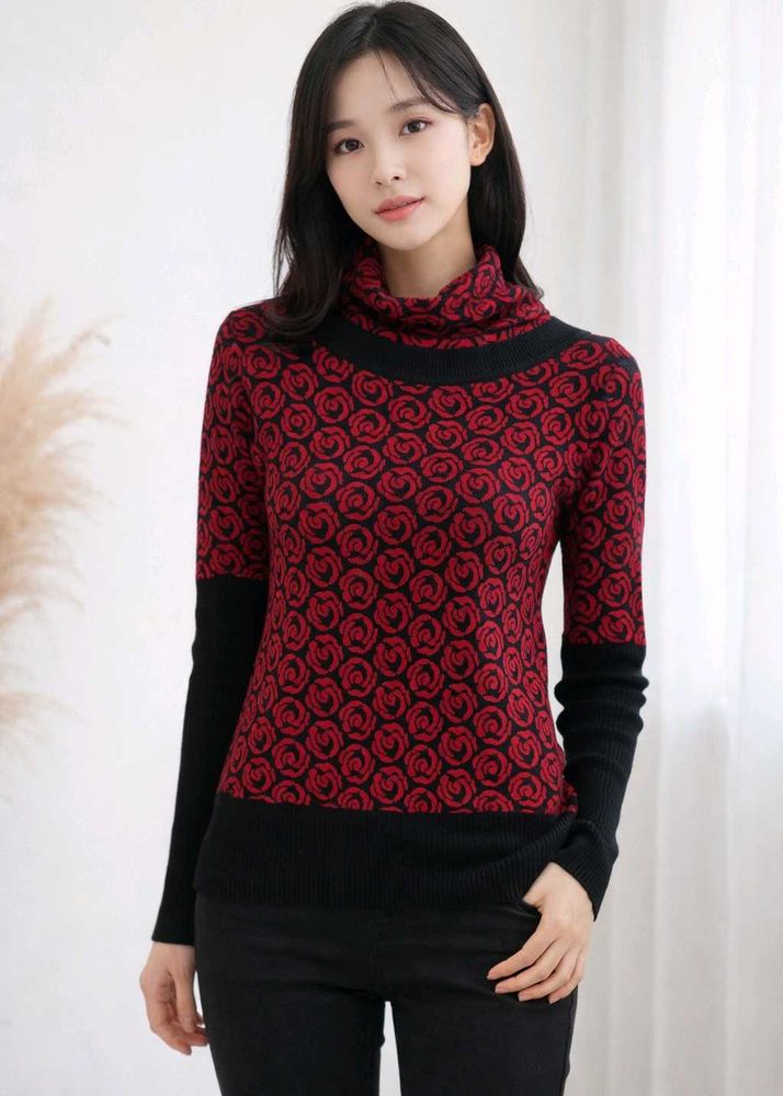 Elegant Rose Pattern Turtleneck Sweater