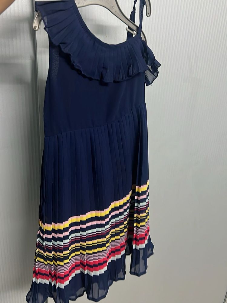Navy Blue Pleated Dress with Colorful Trim
