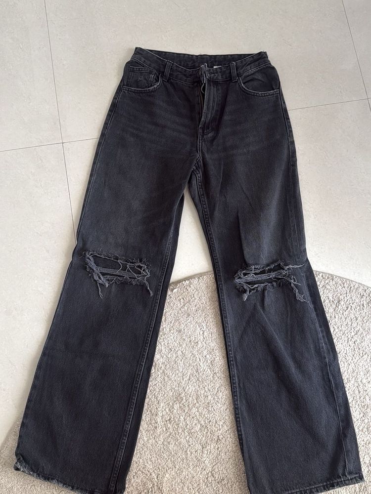 Black Distressed Wide-Leg Jeans