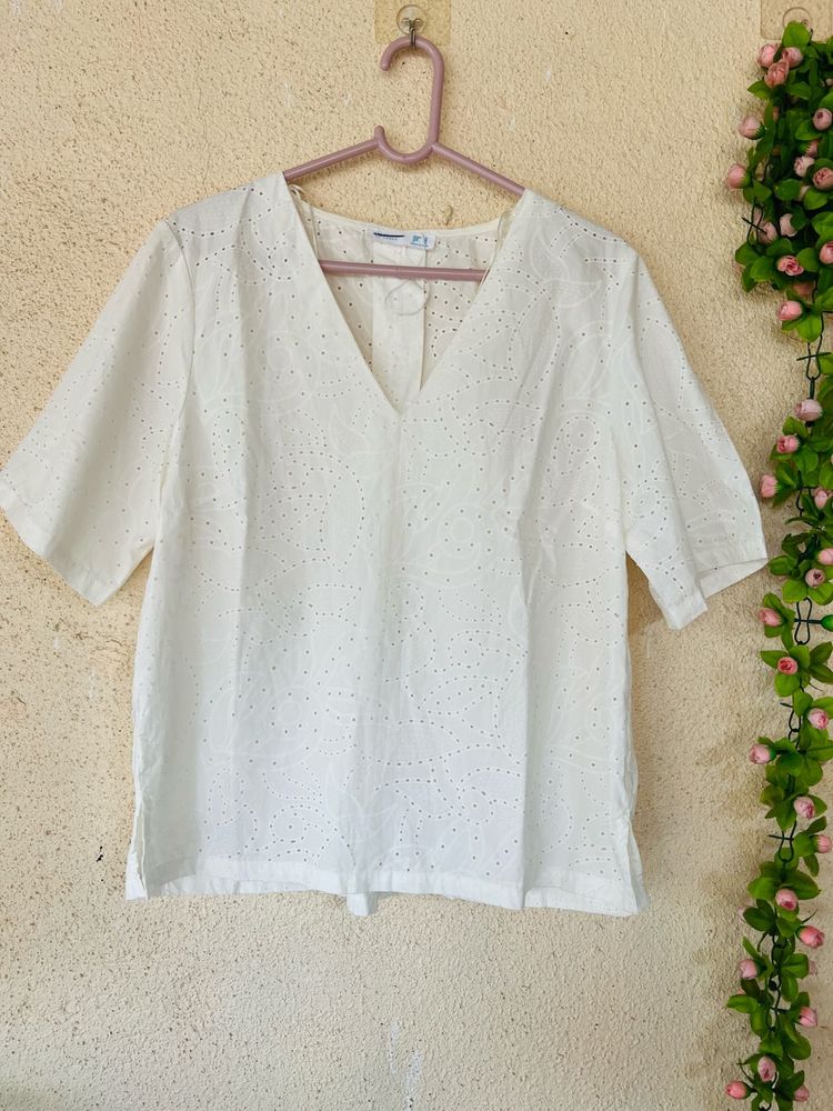 White Eyelet V-Neck Top