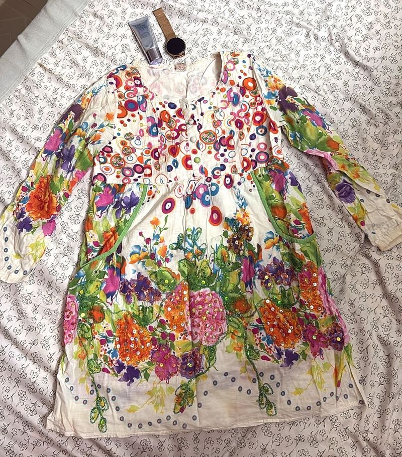 Vibrant Floral Print Kurta with Sequins