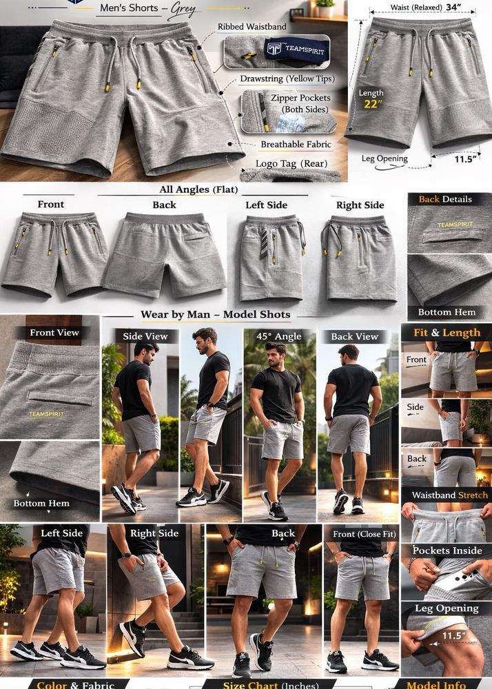 Teamspirit Grey Men's Activewear Shorts