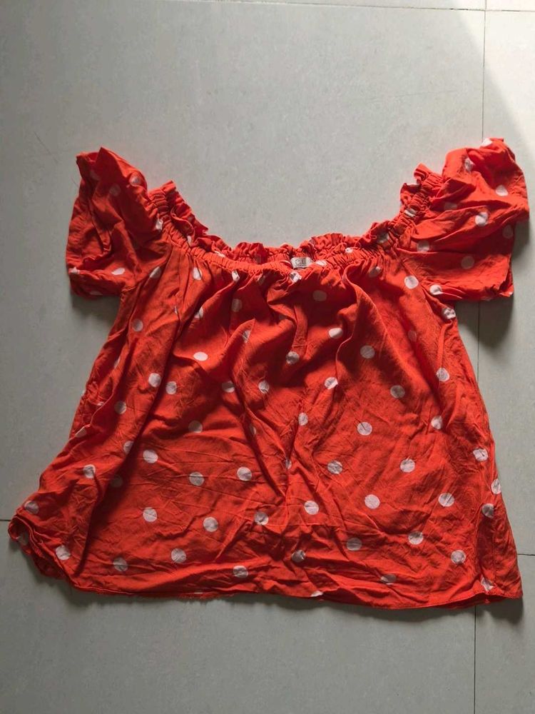 Cute Orange Polka Dot Off-Shoulder Top